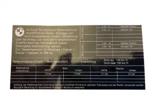 Hinweisschild Reifendruck für BMW R65GS, R80G/S,