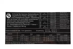 Hinweisschild für Reifendruck BMW R60/6-R100RS