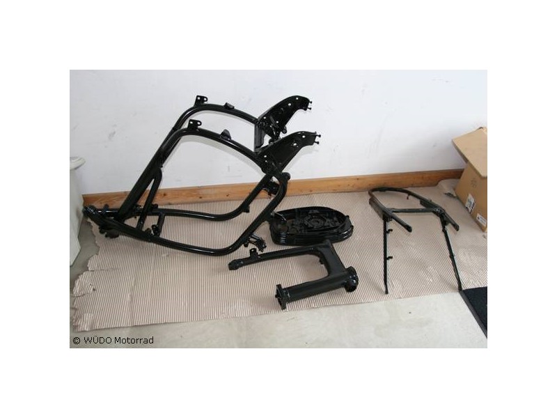 Ein verspäteter Einstieg: Motorrad schon zerlegt, Rahmen und alle schwarzen Teile von der Beschichtung zurück